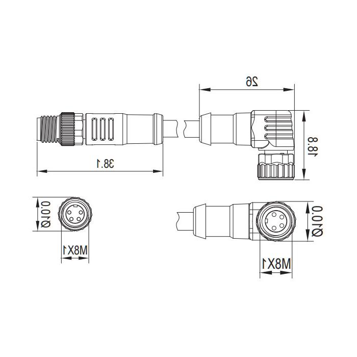 M8 4Pin, female 90° with LED light turn male straight, double end pre-cast PVC non-flexible cable, grey sheathing, 63D183-XXX