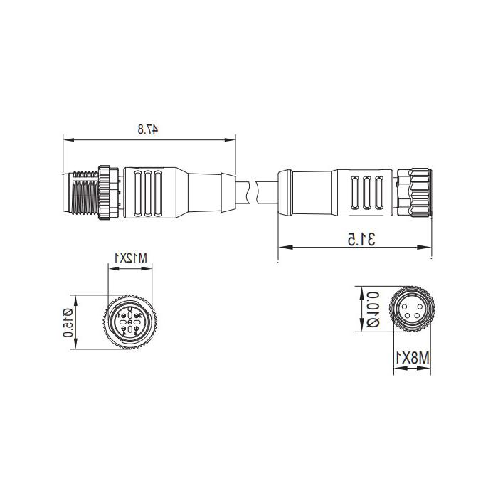 M8转M12 4Pin、M8母头直型转M12公头直型、双端预铸PUR柔性电缆、黑色护套、63D261-XXX 