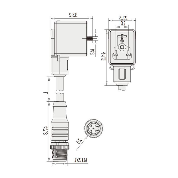 Valve plug Type B, DIN, 10mm, 3Pin/M12 male straight, double end pre-cast PVC non-flexible cable, grey sheathing, 6VB063-XXX